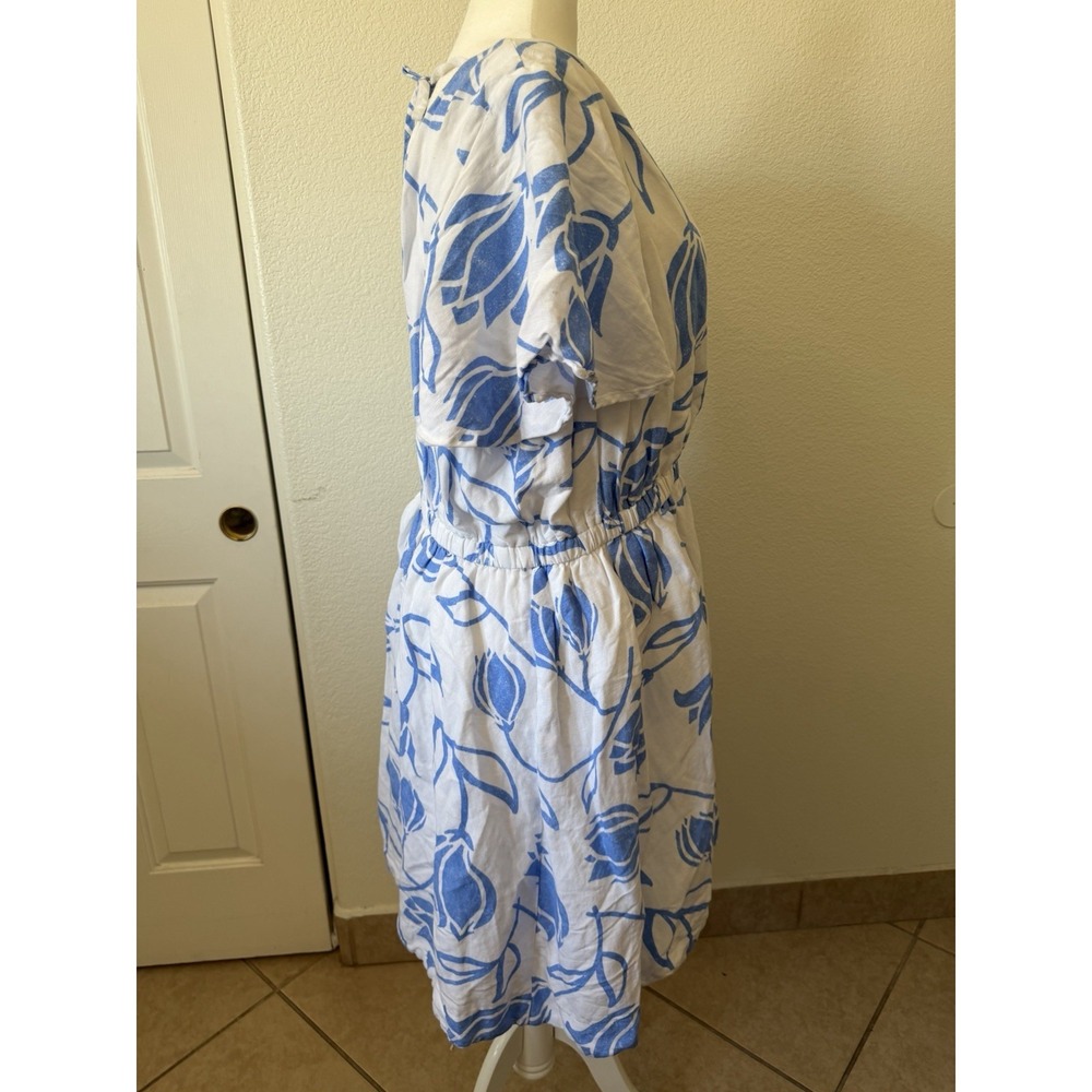 Lane Bryant Womens Plus Size 22 Blue White Floral Linen Fit Flare Dress Boatneck - Picture 4 of 16